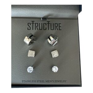 Structure Men’s Stainless Steel Earring Set – 3 Pairs (Missing One Backing)